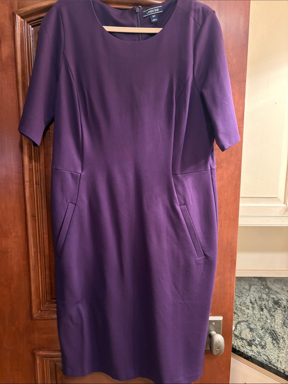 Lands' End Deep Purple Short-Sleeve Midi Sheath Dress